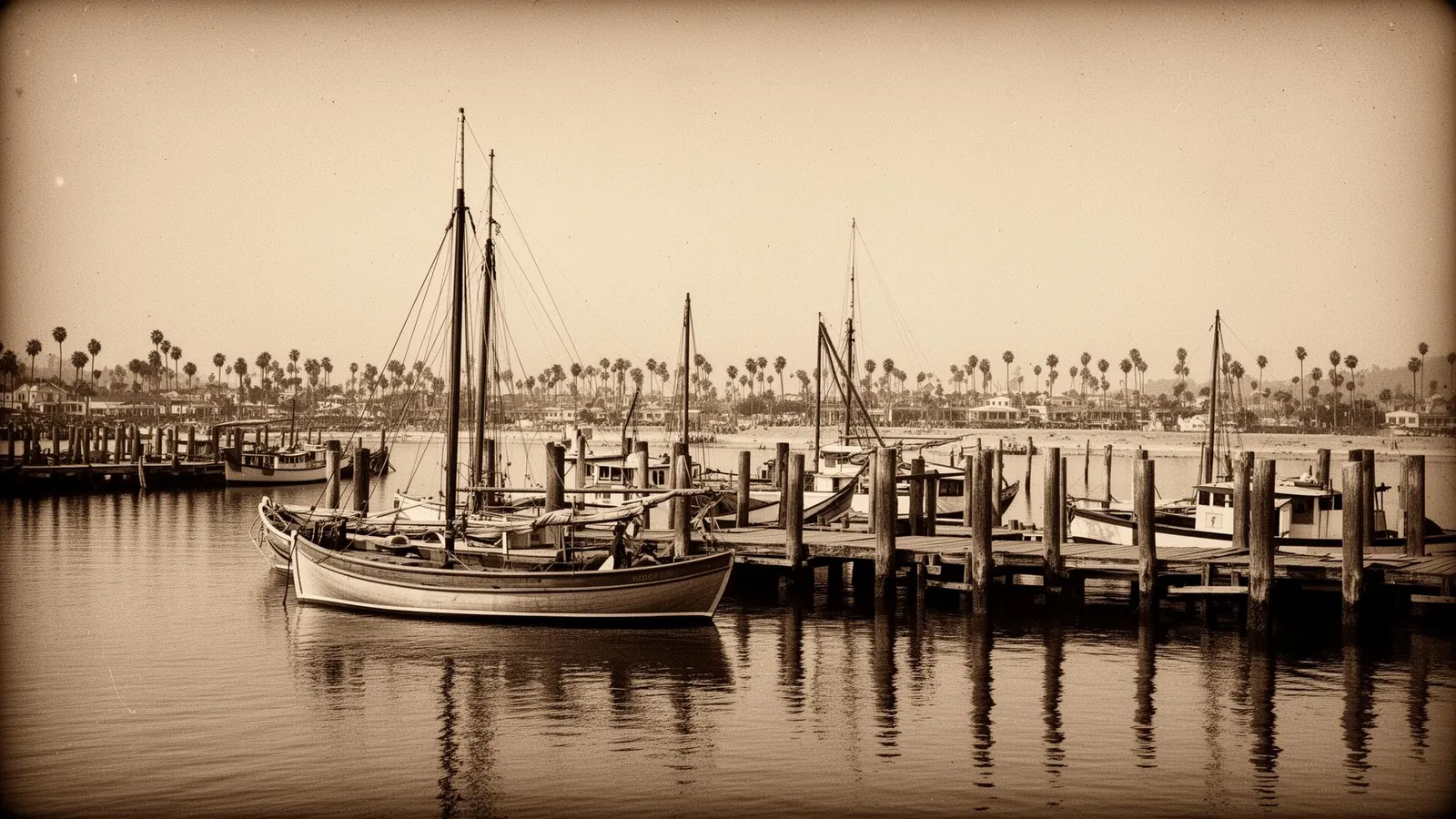 Vintage sepia photograph of Newport Beach harbor in the 1920s